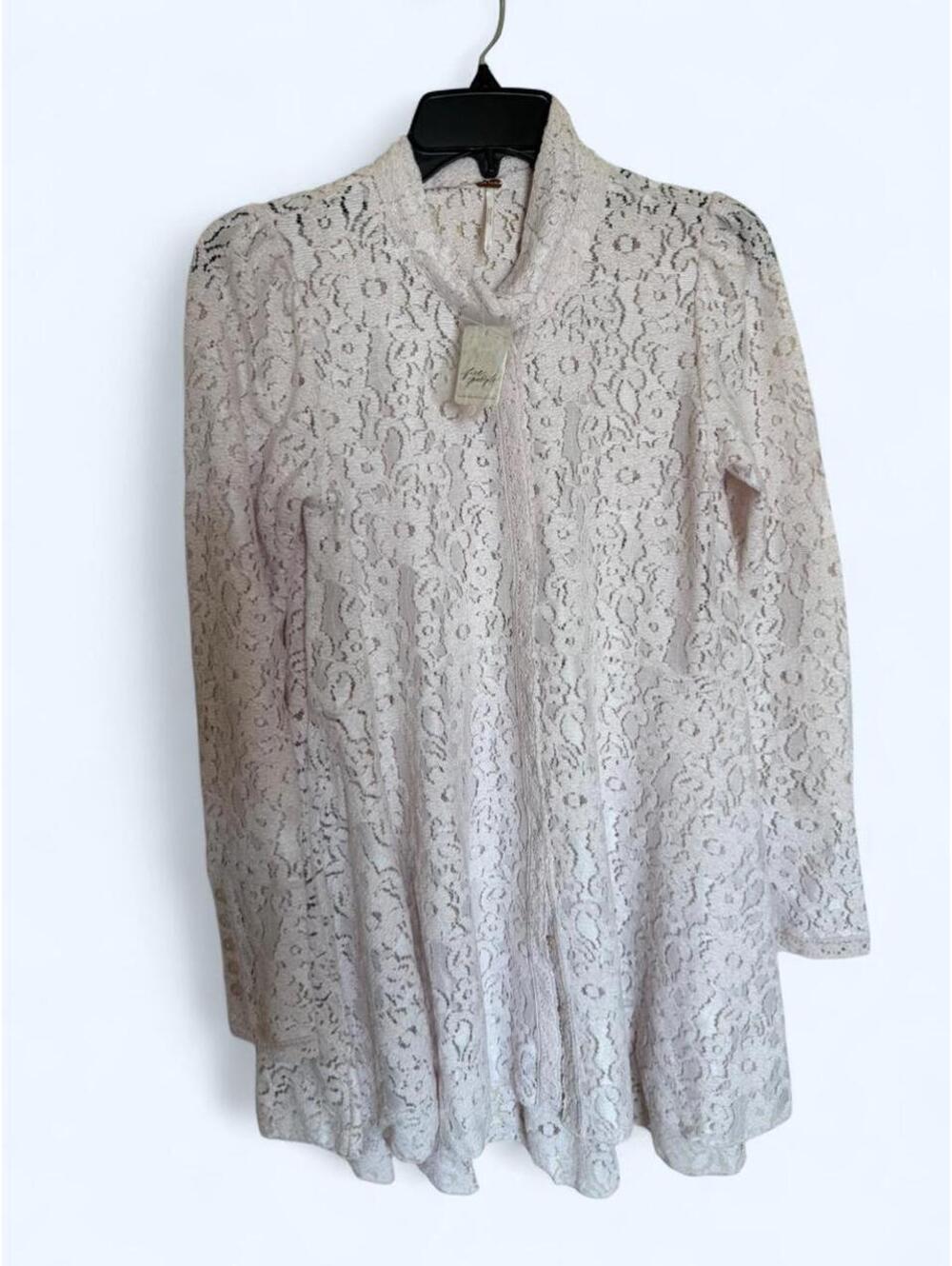 Free people cream lace long sleeve blouse with button up front and collar